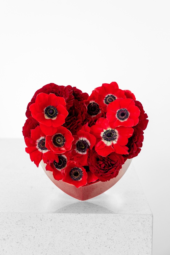 Mix of red anemone with red roses in a mini heart shaped box